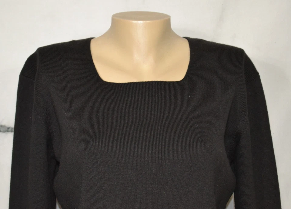 DRESSBARN Black Ribbed Knit Top Large 3/4 Sleeves Square Neckline Acrylic Blend - Image 2 of 4