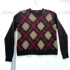 Club Room Women's Lambs Wool V-Neck Argyle Sweater Brown Tan Burgundy Preppy S-M