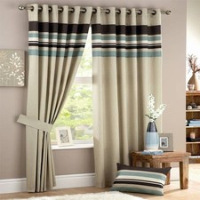 Curtina Harvard Stripe Print Eyelet Lined Curtains, Duck Egg, 90 x 54 Inch