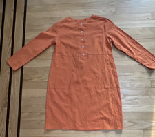 Orange Woven Shift Dress S Knee Length Long Sleeve Button Front 35% Cotton