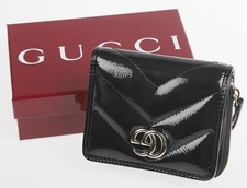 NEW GUCCI GG MARMONT LAQUER LEATHER BLACK MINI WALLET W/BOX