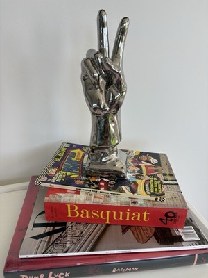 Human Hand Fingers Peace Sign Figurine Sculpture Ceramic Bright Silver 10  EUC