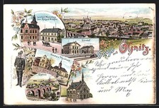 Lithographie Ölsnitz, Bahnhof, Bergmann in Uniform, Warenhaus Richter, Ortsansi 