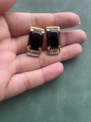Vintage Salo Stud Earrings - Gold Tone - Black Emerald Cut - Baguette Details
