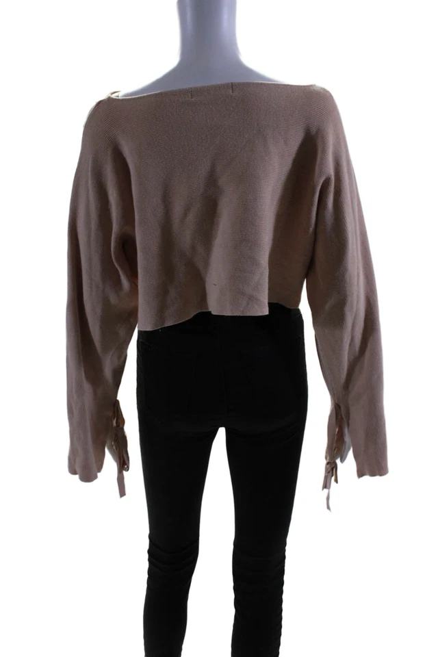 Zara Knit Womens Round Neck Long Sleeve Tie Sleeves Crop Sweater Pink Size S - Image 3 of 4