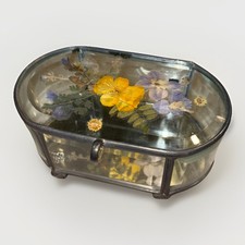 Vntg Bevelled Glass Oval Footed Trinket/Jewelry Box w/Dried Flowers 6" X 3"