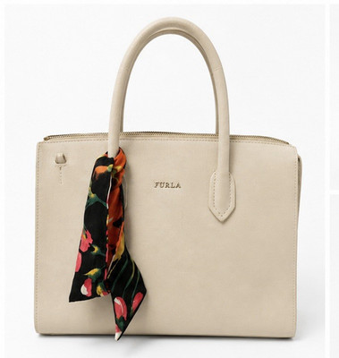 Furla Beige Satchel Top Handle Zip Scarf Accent Charm Pockets Studs Gold