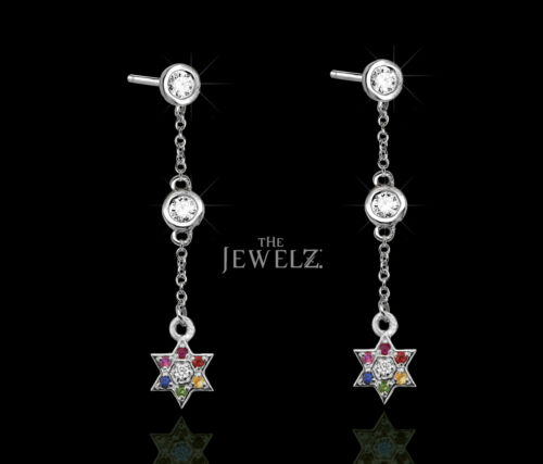 14K Gold VS/F-G Diamond And Multi Sapphire Gemstone Star Drop Chain Earrings - Picture 3 of 4