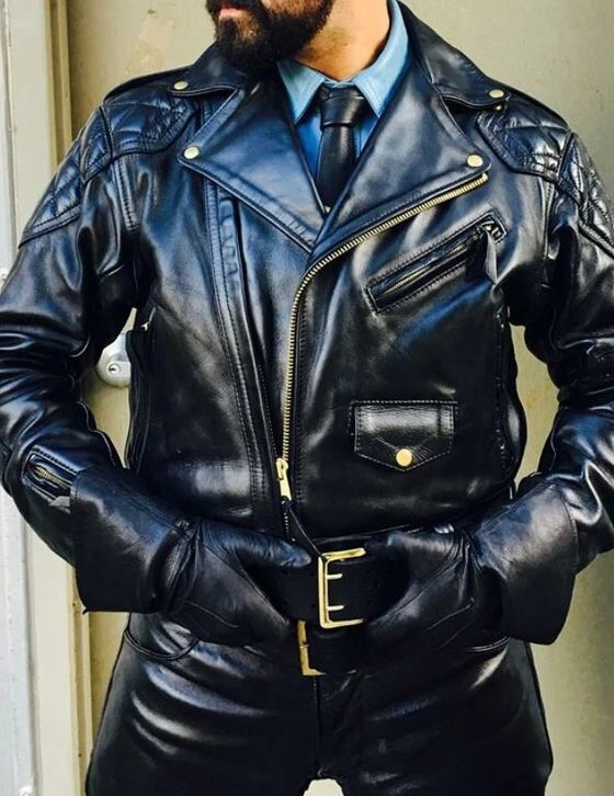 Men's Real Natural Grain Thick Leather Bikers Jacket Quilted Panels Biker Jacket