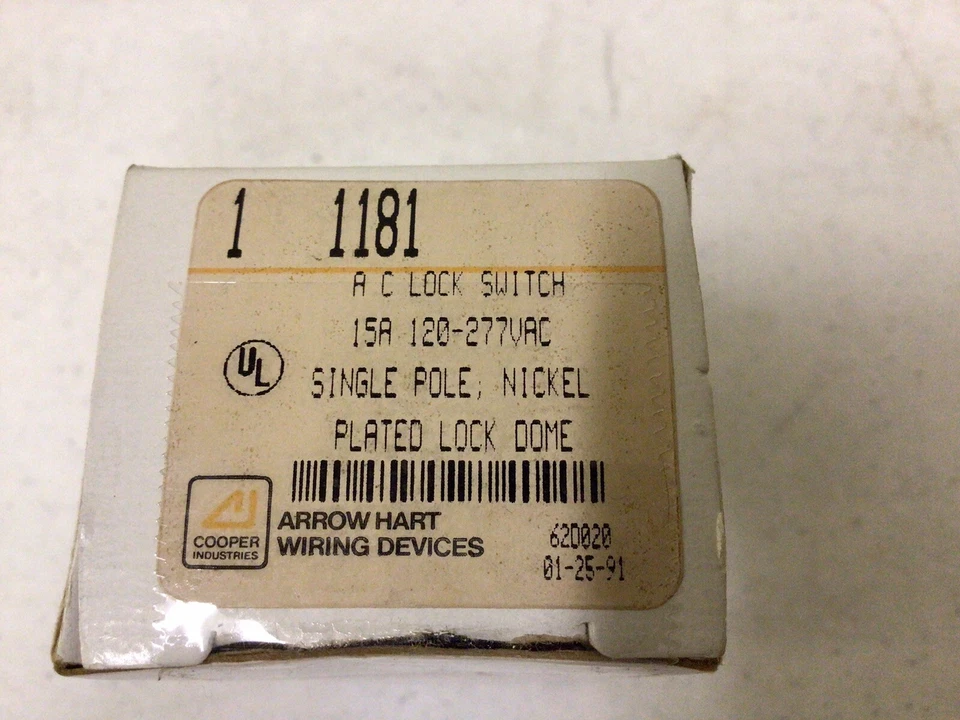NEW, ARROW HART WIRING DEVICES 1181 AC SINGLE POLE, NICKEL, AC LOCK SWITCH, 15A - Image 2 of 4
