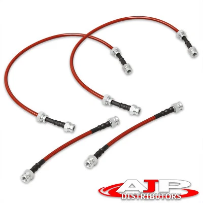 Red 4PC F+R Racing Stainless Steel Brake Line Kit For 1990-1996