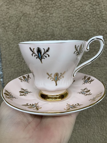 Royal Grafton Pink Pedestal Teacup Saucer Bone China Gold Leaf Turquoise center - Picture 11 of 12