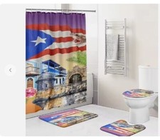 Puerto Rico Flag Shower Curtain Bathroom Rug Non-Slip Bath Mat Toilet Lid Cover