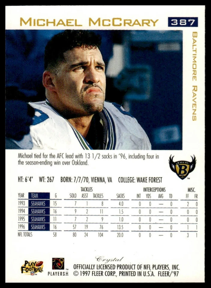 1997 Fleer #387 Michael McCrary Traditions Crystal - Image 2 of 2