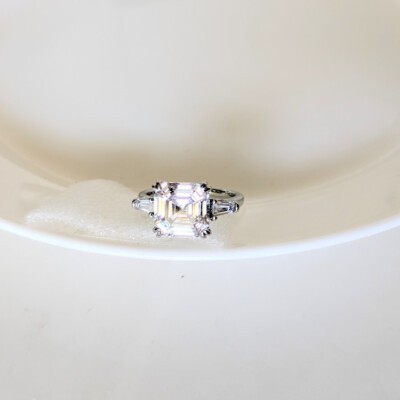 QVC Diamonique Epiphany Platinum Clad 3 Stone 3 Ct. Asscher Cut Ring -Size 9-NEW