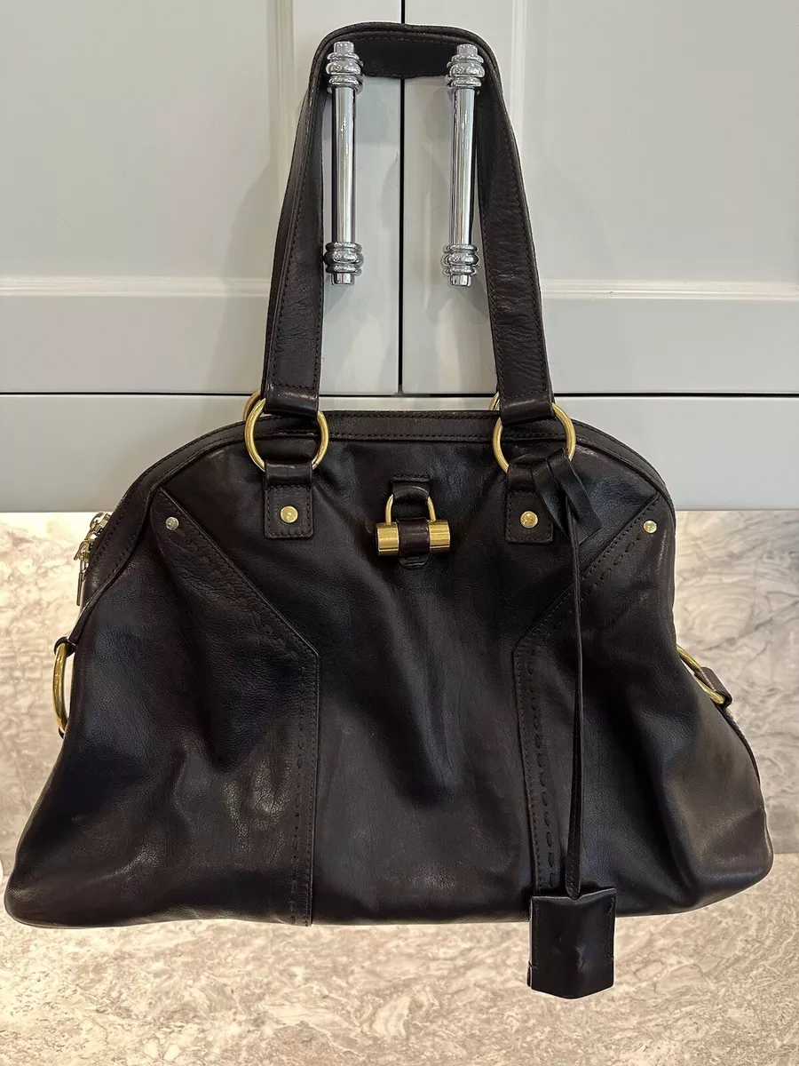YSL Yves Saint Laurent dark brown Calfskin Leather Large Satchel Muse Bag Lock