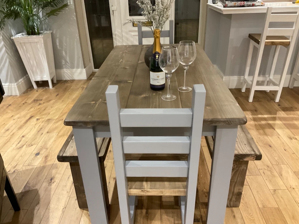 Farmhouse Style, Rustic Dining Table, 2 Chunky Chairs and 2 Benches - Image 4 of 4