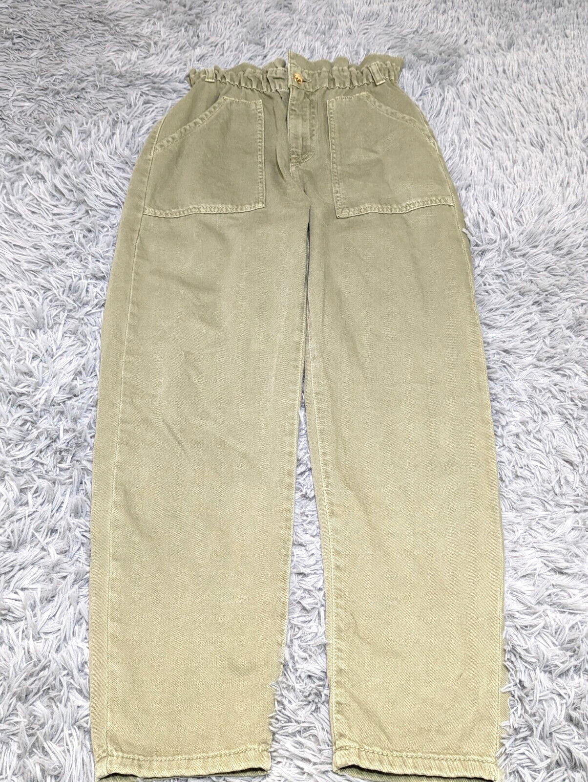 ZARA High Rise Mom Jeans Womens Size 4 Paper Bag Waist Green Denim Cropped