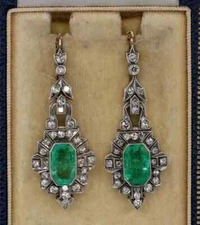 Art Deco Style Lab Created Emerald Engagement 14K White Gold Finish Earrings