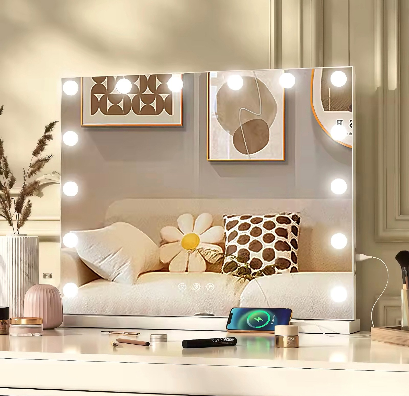 Miroir lumineux de coiffeuse tactile tricolore pour votre maquillage