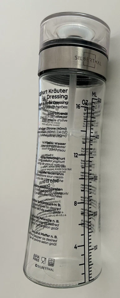 Salat Dressingshaker Dressingmixer SILBERTHAL 500 ml Glas/Edelstahl mit Rezepten