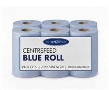 6 PACK 2 PLY BLUE EMBOSSED CENTRE FEED PAPER WIPE ROLLS | Strong & Absorbent