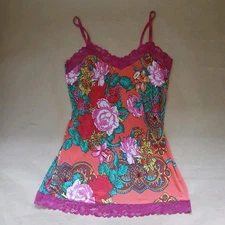 Josie Natori Orange & Pink Lace Trim Floral Slip Dress Medium Sexy Nightie