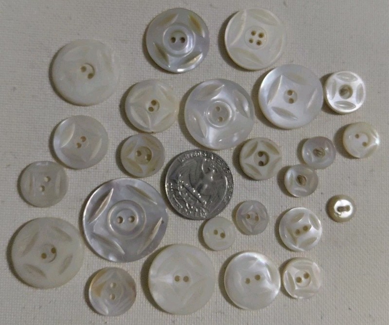 Mixed Lot of 24 Vintage Carved Mother of Pearl Buttons, Square Designs (#2)