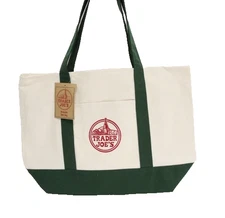 Trader  Joes Canvas Tote Bag Green Large EMBROIDERED NWT