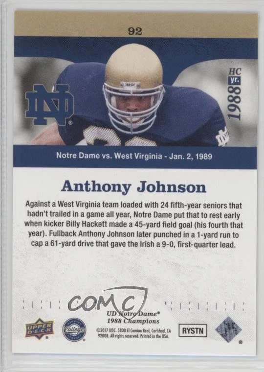 2017 Notre Dame 1988 Championship Blue Pattern Rainbow Anthony Johnson #92 - Image 2 of 2