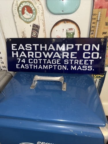 VINTAGE PORCELAIN SIGN ESTHAMPTON HARDWARE CO MASS.