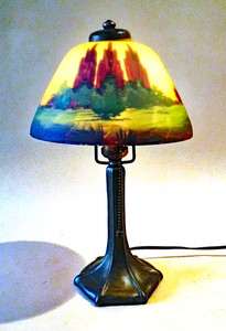 Antique Handel Arts & Crafts Boudoir Accent Lamp Reverse Painted Shade, 1910