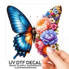 Blue Coral Peony Butterfly UV DTF Transparent Sticker Decal Waterproof UVDTF