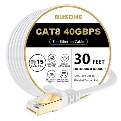 30 FT Cat 8 Ethernet Cable High Speed 40Gbps 2000Mhz Flat Patch Cord S/FTP