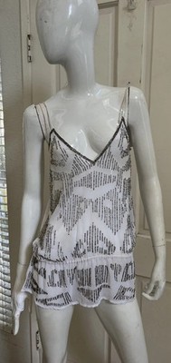 SOLITAIRE NWT! Ivory Silky Sheer Camisole Bronze Beaded Blouson Tank Top Sz M