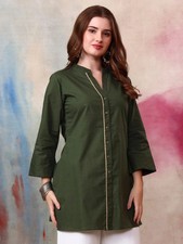 Indian Women BEAUTIFUL Green Pure Cotton Lace Work Solid Kurta Kurti Top Tunic