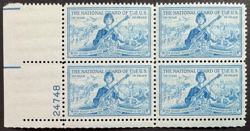 U.S. Scott #1017, Plate Block of 4, National Guard Issue, Very Fine, MNH