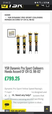 YSR Dynamic Pro Sport Gewindefahrwerk Honda Accord CF CH CL 98-02 Typ R CH1