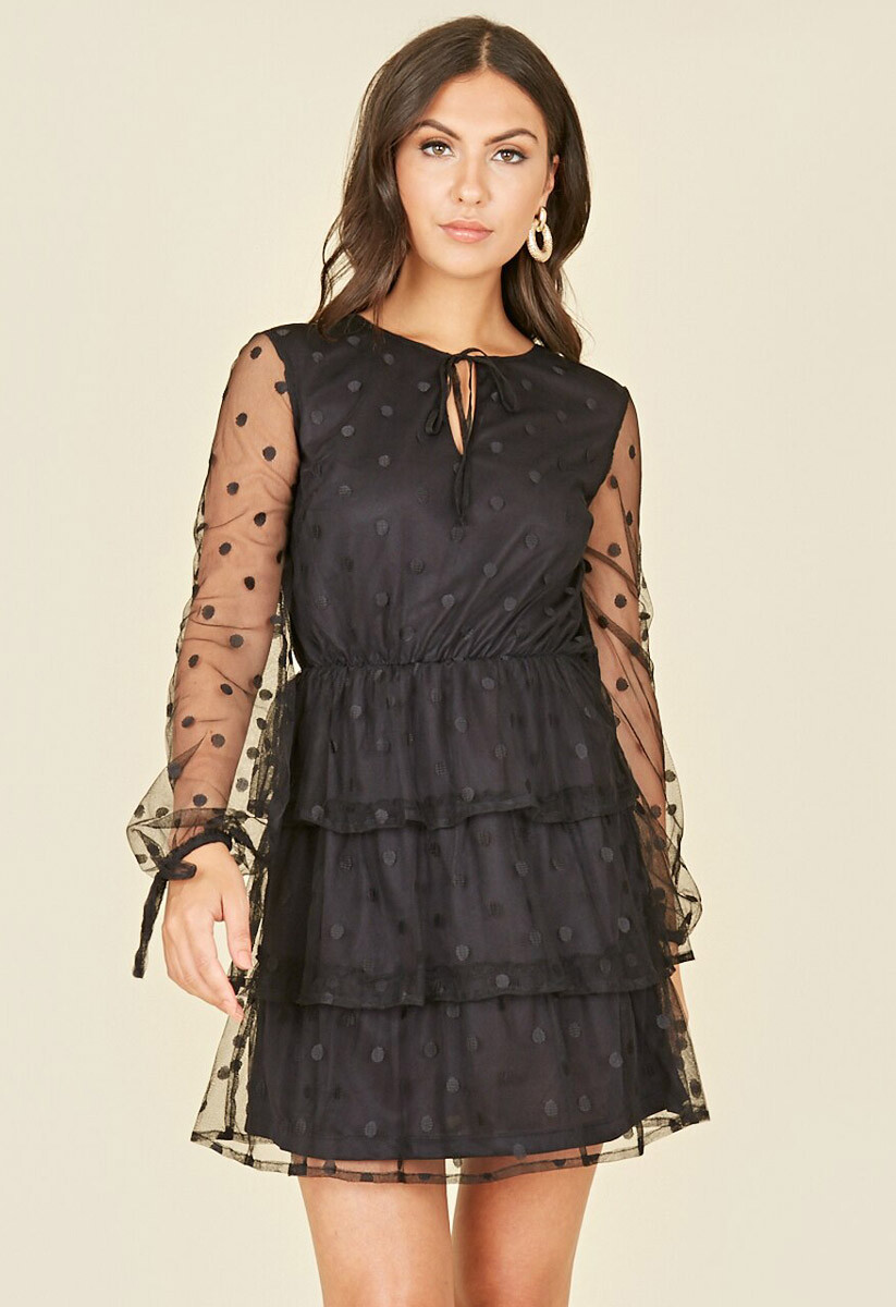 Womens Black Polka Spot Mesh Ruffle Skirt Mini Dress