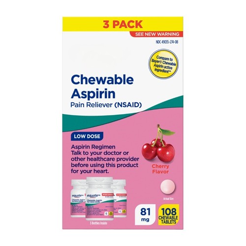 Low Dose Chewable Aspirin 81 mg Tablets, Cherry Flavor, 36 Count, 3 Pack