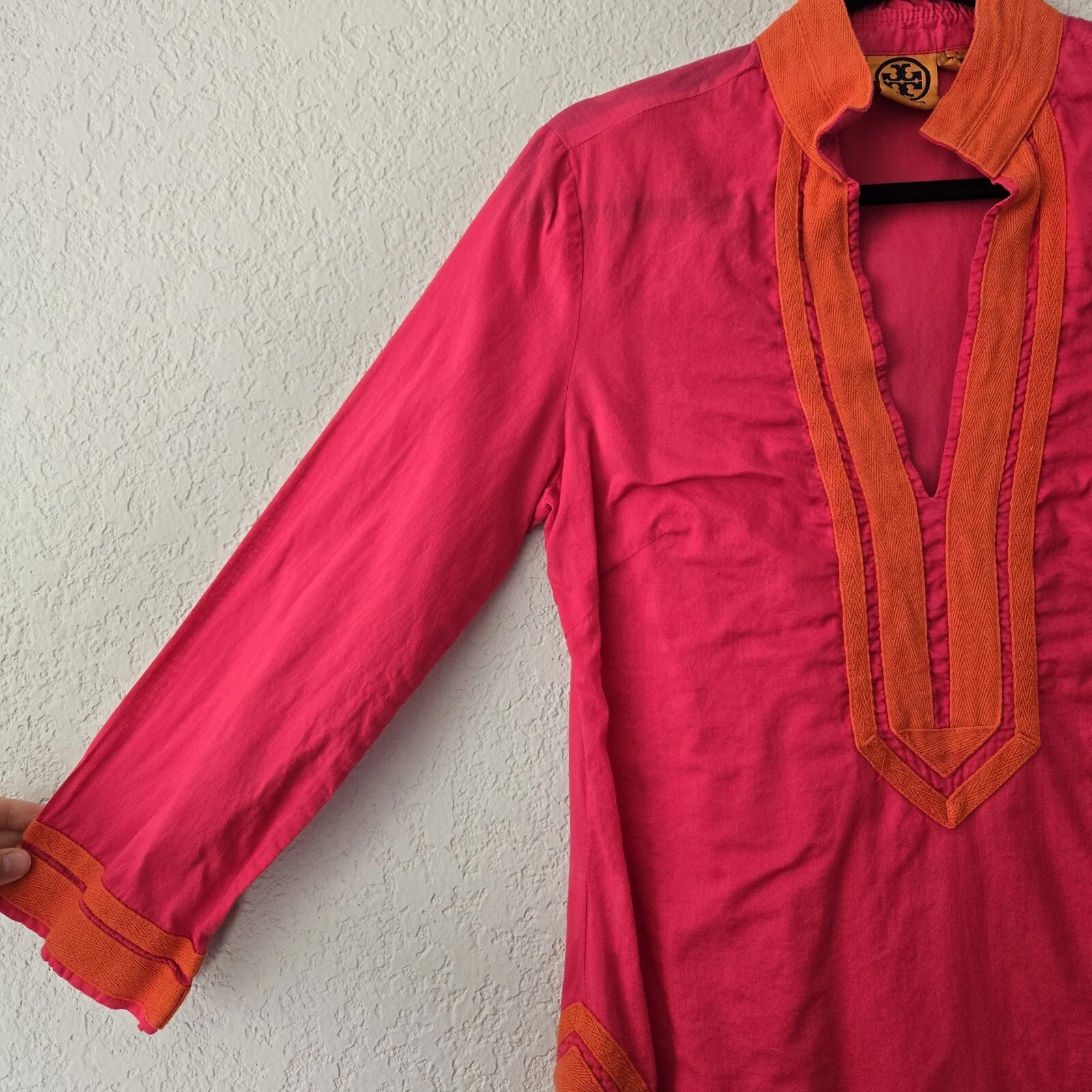 Tory Burch 8 tunica collo spacco rosa e arancione blusa orlo spacco