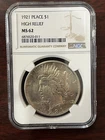 1921 High Relief Liberty Peace Silver Dollar $1 Coin NGC Graded MS62 KEY DATE