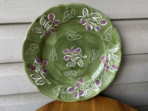 Vintage Pottery Barn Purple Berries Garden Green Art Pottery Plate 12” Mexico