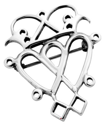 Luckenbooth Brosche Sterlingsilber moderner Stil Doppelherz 40 mm