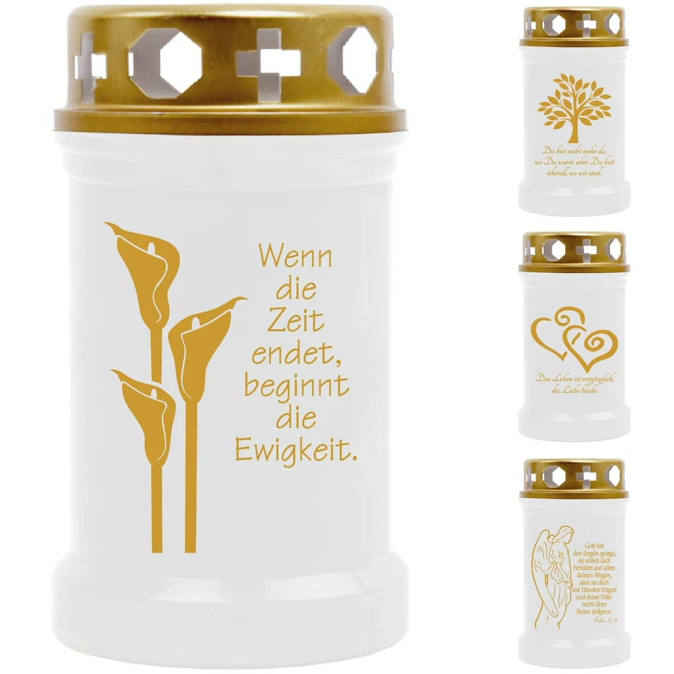 HSCANDLE Grabkerze Weiß mit Motiv 40h Grablicht Grabkerzen Grabschmuck Grablichter Lyrik