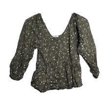 ANA Blouse Women's Medium Green V-Neck 3/4 Sleeve Floral Boho Artsy Shirt Top