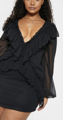 Sexy Black Mini Low V Cut Sheer Ruffle Date-night Dress   Sz 16