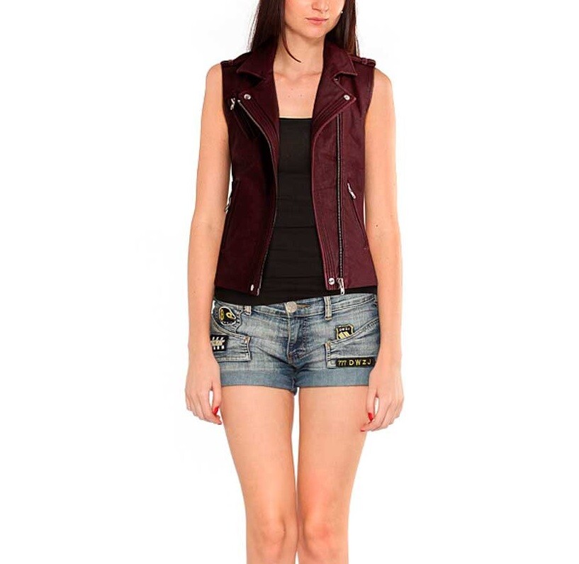 【関税＆送料込み】ChloAC Burgundy Leather Utility Vest Leather Vest Jacket Motorcycle Biker Women Style Womens Size