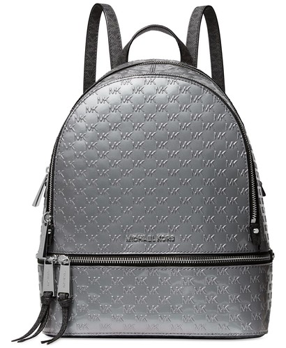 🌞MICHAEL KORS RHEA ZIP MK LOGO BACKPACK METALLIC NICKEL LEATHER TRAVEL BAG🌺NWT