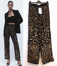 Zara £119 Limited Edition Black Sequin Bead Embroidered Trousers Size S